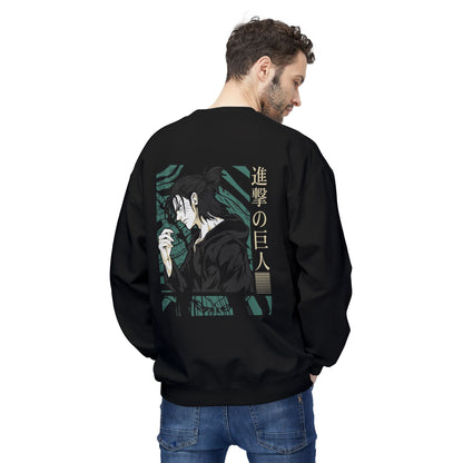 Man wearing black essentials hoodie with anime Attack on Titan graphic and Japanese text, Ghita Shop