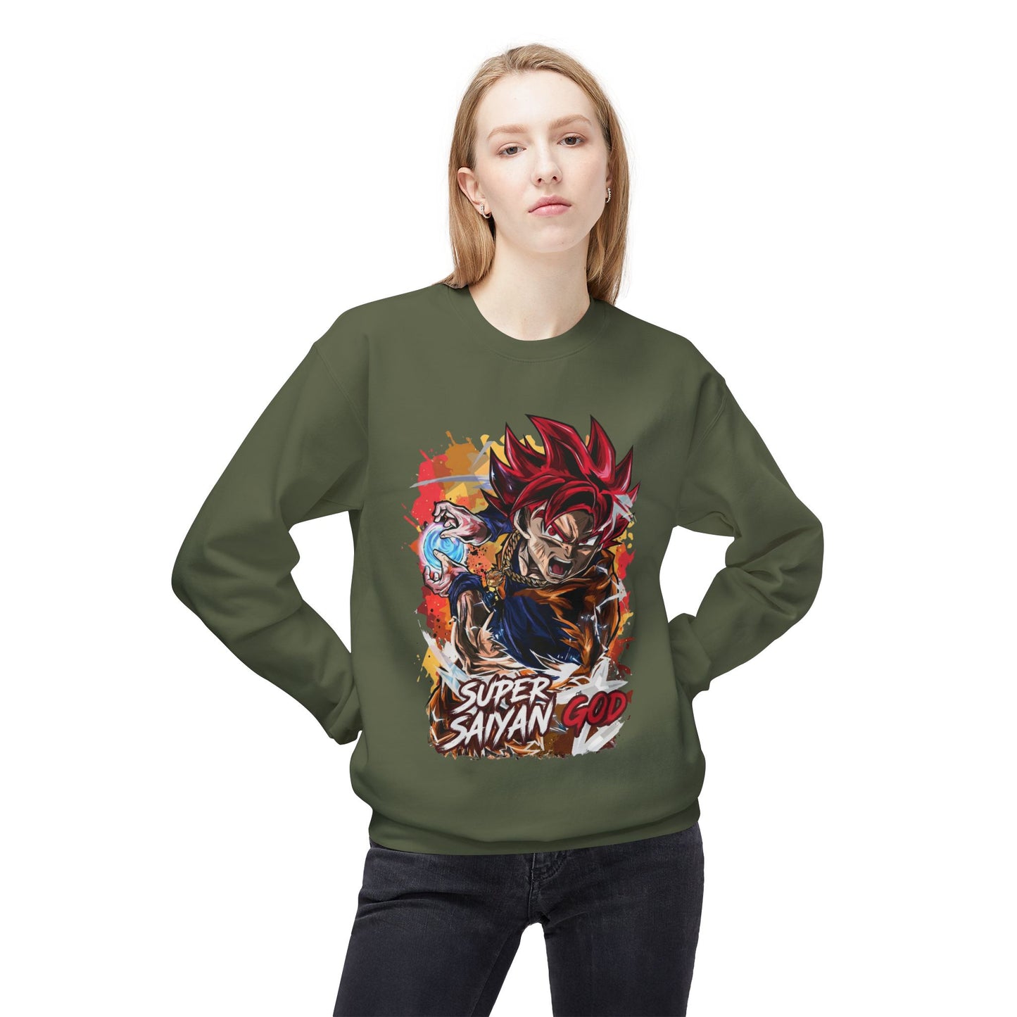 Woman wearing olive essentials hoodie with Super Saiyan God anime graphic and bold text
