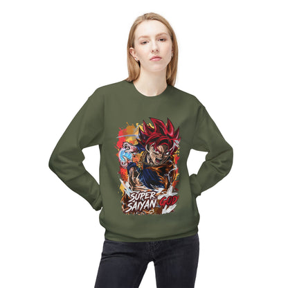 Woman wearing olive essentials hoodie with Super Saiyan God anime graphic and bold text