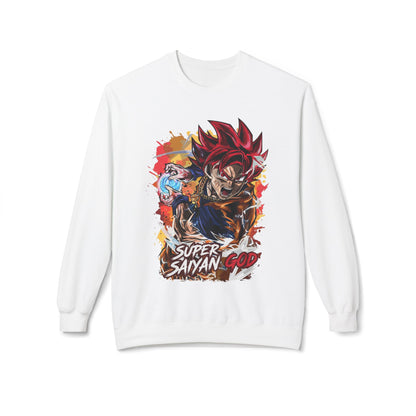 White essentials hoodie featuring vibrant Super Saiyan God anime graphic, cool men's zip up hoodie