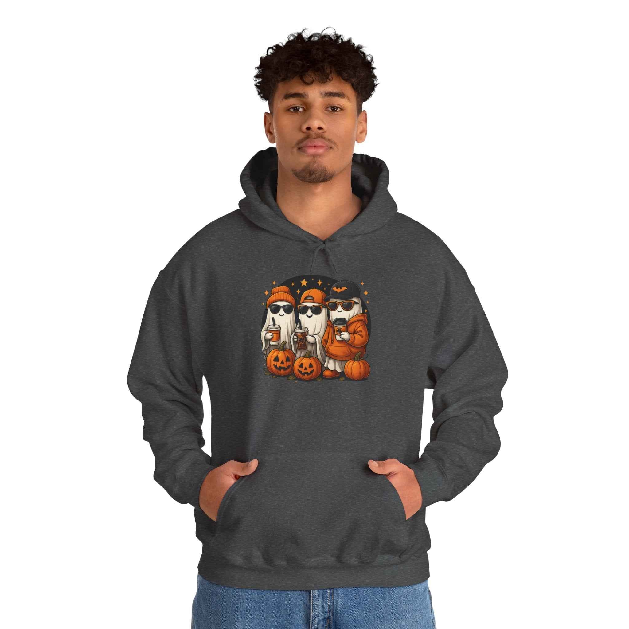 Hooded Sweatshirt with Halloween Pumpkin Baseball Cap for Dark Night Sky and Yellow Accents