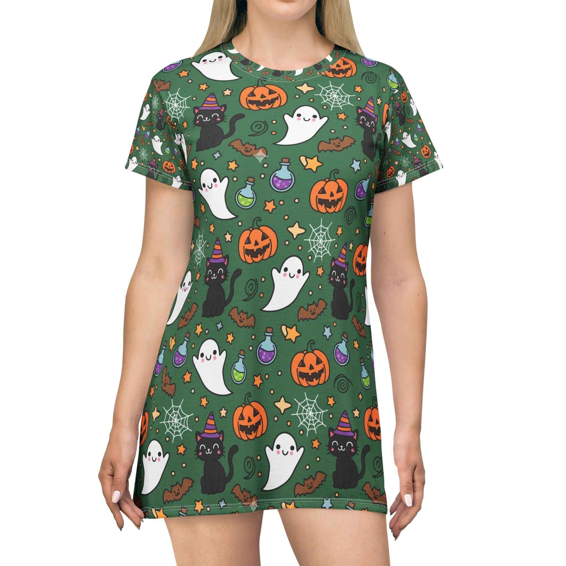 Cute Halloween Ghost Cat T-Shirt Dress for Fun Fall Fashion