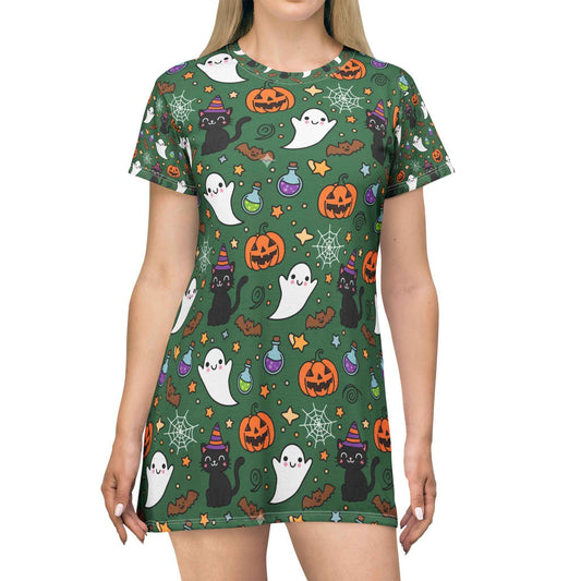 Cute Halloween Ghost Cat T-Shirt Dress for Fun Fall Fashion