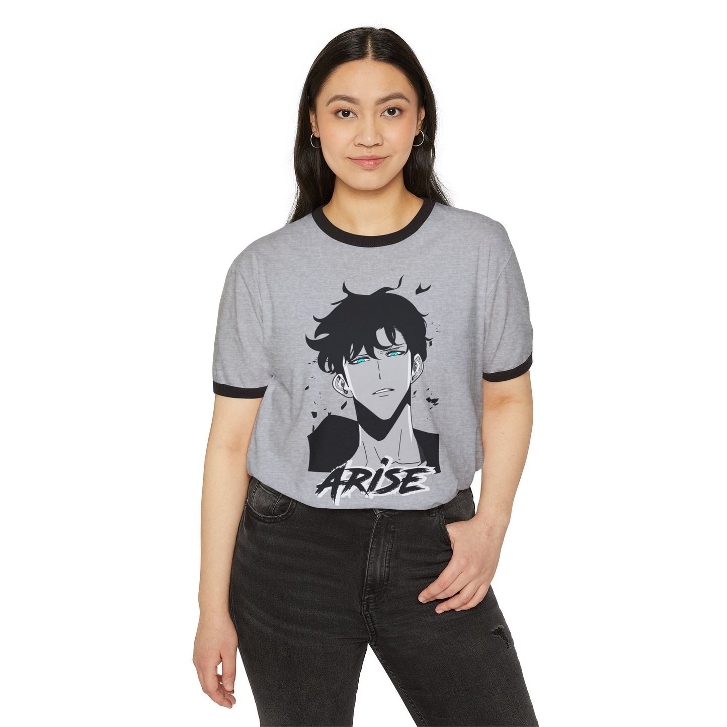 Woman wearing gray anime graphic tee with 'ARISE' text, standing against white background