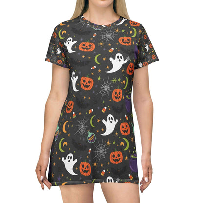 Halloween Ghost Pumpkin T-Shirt Dress – Spooky Cute All-Over Print Outfit for Women