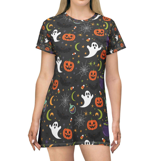 Halloween Ghost Pumpkin T-Shirt Dress – Spooky Cute All-Over Print Outfit for Women
