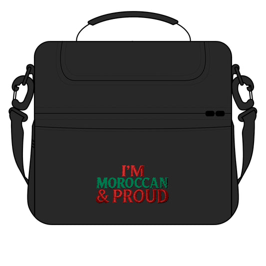 Black shoulder bag with 'I'M MOROCCAN & PROUD' text in red and green, Moroccan pride accessory