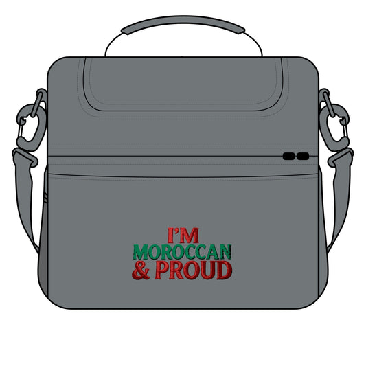Gray messenger bag with 'I'M MOROCCAN & PROUD' text, custom Moroccan statement design