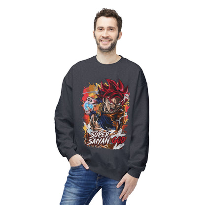 Smiling man in black Super Saiyan God graphic hoodie, cool anime hoodie for guys, Ghita Shop