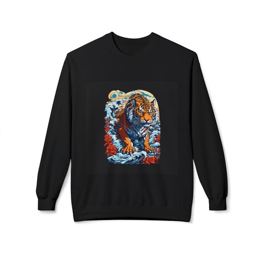 Black essentials hoodie with bold tiger and waves graphic, cool men's comfort sweatshirt