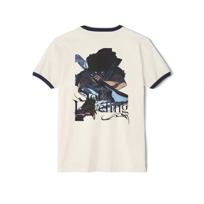 White t-shirt with black trim featuring anime Warrior and 'Solo Leveling' graphic, men's apparel