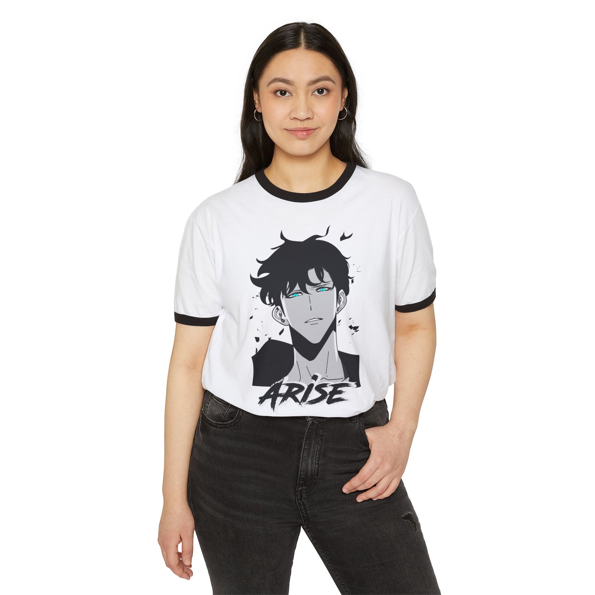 Woman wearing a white tee with anime art and 'ARISE,' from Ghita Shop motivational apparel.